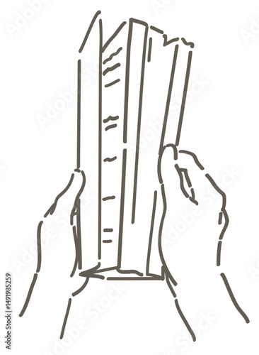 本を読んでいるシーンのイラスト。手と本。シンプルタッチ、ベクターイラスト素材。
