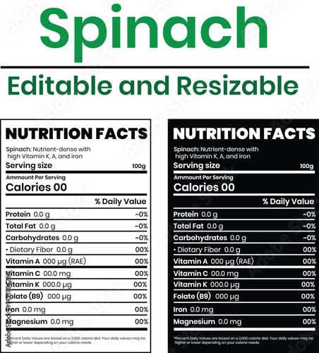 Nutrition Facts of Spinach, Nutrition Level, Supplement Fact, Supplement Level Isolated on White and Black Background