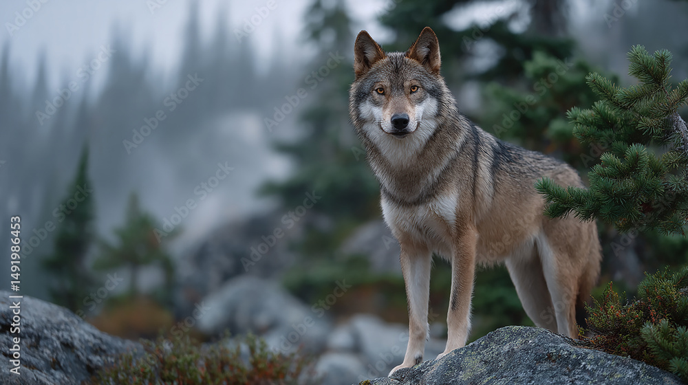 Obraz premium A Majestic Wolf Standing Proudly on a Rocky Outcrop in the Misty Forest