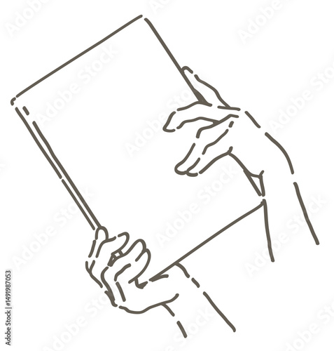 本を持つシーンのイラスト。手と本。シンプルタッチ、ベクターイラスト素材。