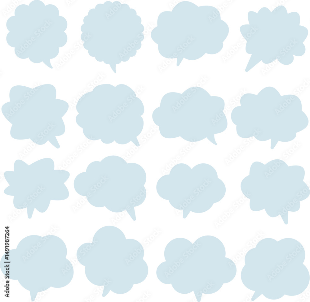 A set of fluffy speech balloons as a cartoon, decoration, featuring clouds, fun, and cheerful, fuzzy designs, cyaan. / フワフワした吹き出しセット 漫画 装飾 雲 楽しい 陽気 モコモコ 水色 A set of fluffy speech balloons as a cartoon, decoration, featuring clouds, fun, and cheerful, fuzzy designs, cyaan. / フワフワした吹き出しセット 漫画 装飾 雲 楽しい 陽気 モコモコ 水色