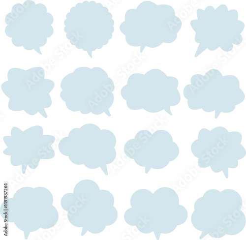 A set of fluffy speech balloons as a cartoon, decoration, featuring clouds, fun, and cheerful, fuzzy designs, cyaan. / フワフワした吹き出しセット 漫画 装飾 雲 楽しい 陽気 モコモコ 水色