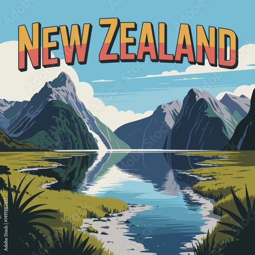 New Zealand Fiordland Mountains and Coastal Lake – Scenic Poster