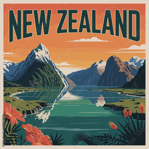 New Zealand Fiordland Mountains and Coastal Lake – Scenic Poster