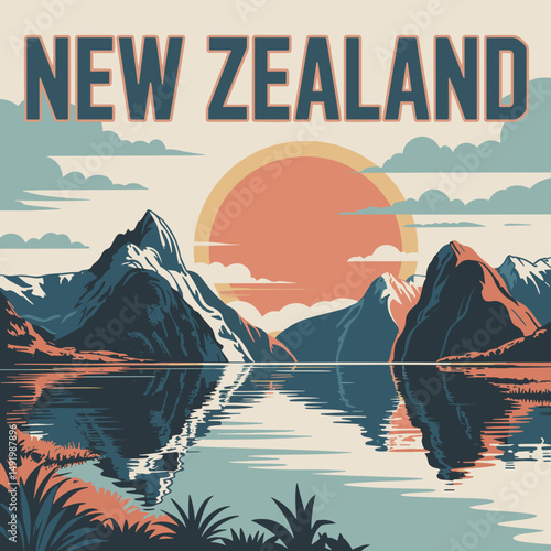 New Zealand Fiordland Mountains and Coastal Lake – Scenic Poster