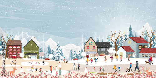 Winter background,Nature landscape forest,mountains and snow,Christmas banner with people celebration in city park,Vector Winter wonderland for Xmas,New Year 2026