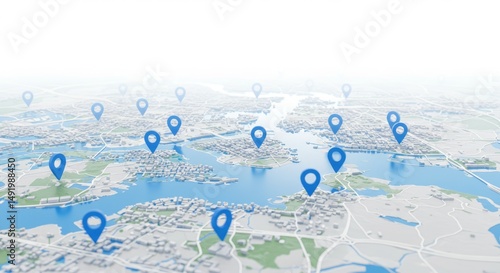 Wallpaper Mural 3D map showcasing numerous location markers across a city and coastal landscape Torontodigital.ca