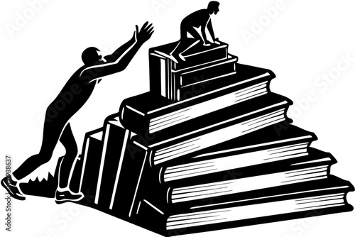 Silhouette of a helping hand reaching up to a book mountain, silhouette, helping hand, hand, book mountain, books, mountain, education, learning, knowledge, growth, support, assistance, reaching, symb
