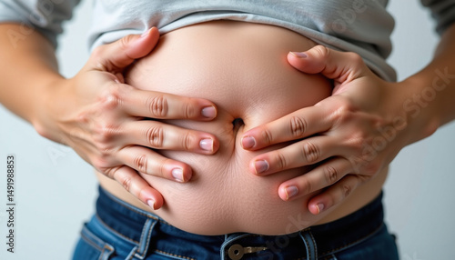 Wallpaper Mural Person gently holds their belly with both hands, showcasing relaxed posture. focus is hands and midsection, conveying sense of comfort and self Torontodigital.ca