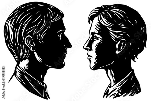 Silhouette of two heads in profile gaze focused on each other, silhouette, profile, heads, gaze, mentor, teaching, looking, communication, guidance, advice, knowledge, education, partnership, relation