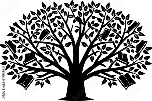 Symbolic tree of knowledge silhouette representing wisdom and growth, tree, knowledge, wisdom, growth, silhouette, symbol, vector, black, transparent, education, learning, branches, trunk, roots, desi