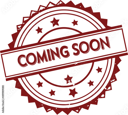  Red rubber stamp texture, bold white text, coming soon in capital letters, rounded border, distressed grunge