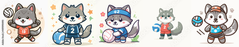 Naklejka premium cute wolf vector playing volleyball