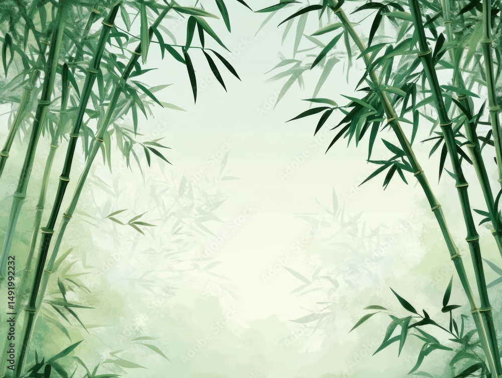 Naklejka premium Lush Bamboo Forest Canopy Illustration in Watercolor Style with Soft Light and Green Tones for Serene Backgrounds