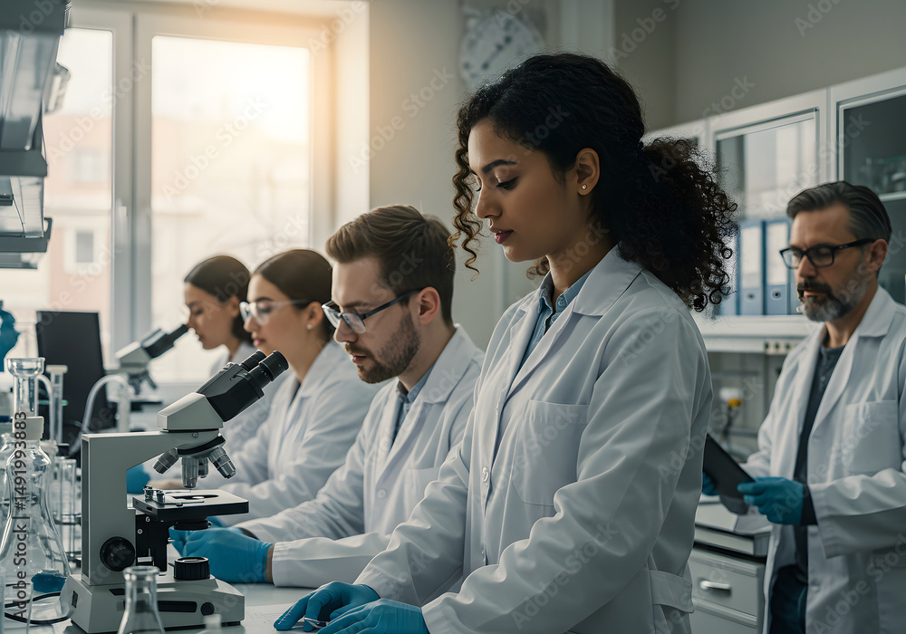 Fototapeta premium Scientists in a Laboratory Researchers Working with Microscopes, Science Lab, Experiments, Medical Research, Healthcare.