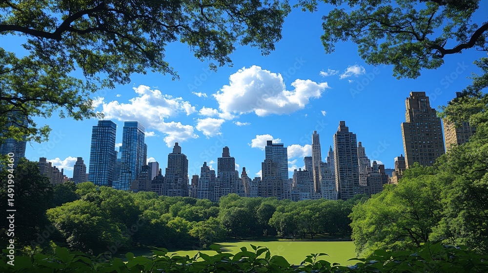 Fototapeta premium Skyline view of city buildings framed by trees and foliage under a sunny sky