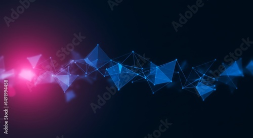 Abstract digital art featuring interconnected glowing blue and pink geometric shapes on a dark background