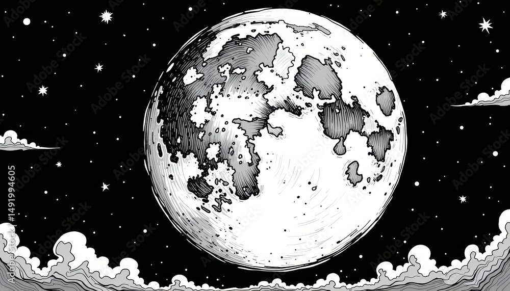 Fototapeta premium Enchanting lunar dreamscape, a drawing of the moon with clouds and stars mystical