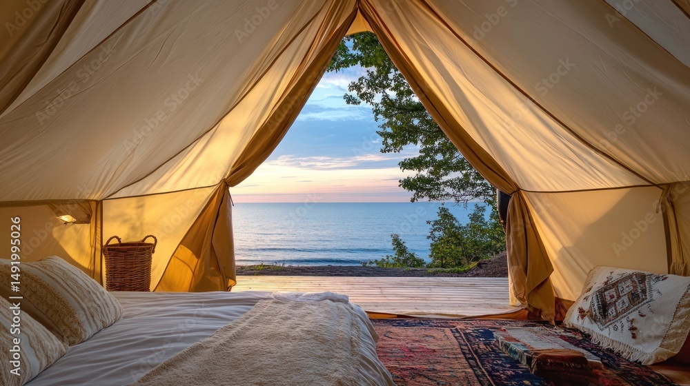Fototapeta premium Sunrise view from a luxurious glamping tent on a beach.