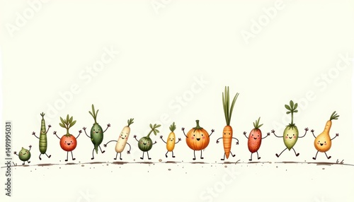 A lively line of running vegetables, fresh, healthy, and ready to eat fresh
