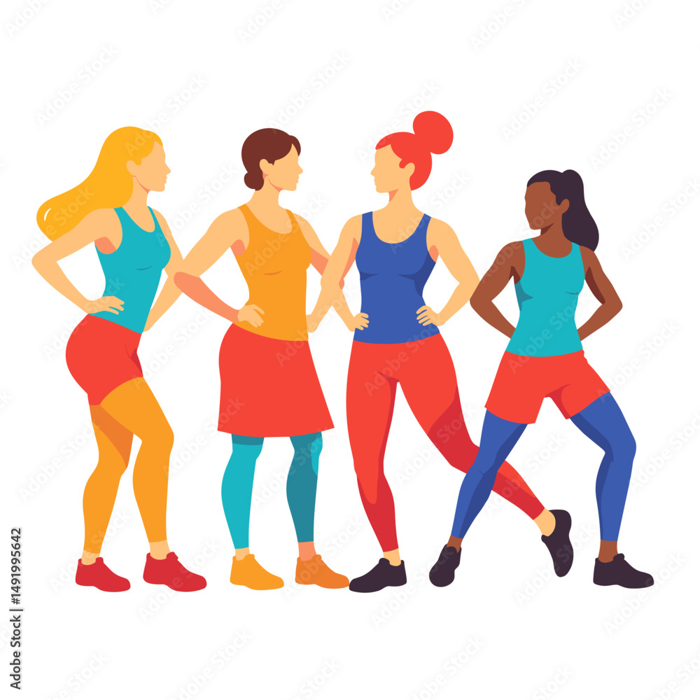 Fototapeta premium Four women posing confidently in colorful athletic outfits 