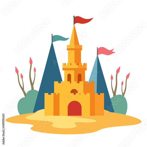 Colorful sandcastle with flags near green hills and shrubs  