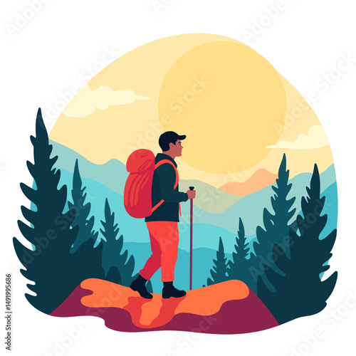 Man hiking with backpack in mountainous landscape at sunset concept of action  