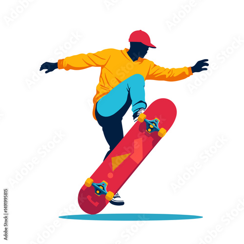 Young man performing skateboard tricks in vibrant urban style  