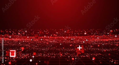 Abstract red digital landscape with glowing particles and grid