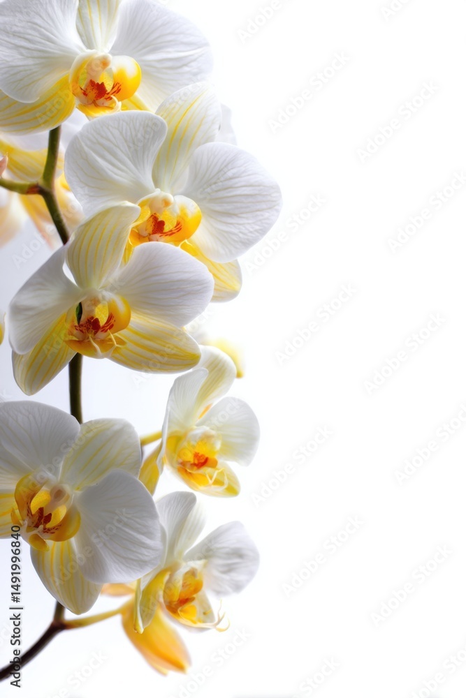 Fototapeta premium Elegant White and Yellow Orchid Flowers Blooming on Stem, Close-Up Studio Shot on White Background, Floral Beauty