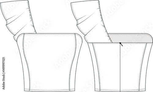 ruffled frilled one shoulder strap sleeveless asymmetric princess darted zippered fit bodycon blouse top bustier template technical drawing flat sketch cad mockup fashion woman design style model 
