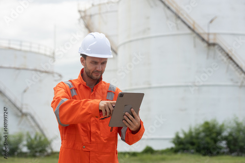 Fotografie Worker in safety gear using tablet near industrial storage oil tanks refining petrochemical industry factory