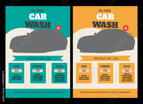 Modern car wash creative professional shop, service, rent, repair, transport, unique, vehicle, auto, discount, garage elegan   flyer or banner. A4 size.