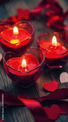 Romantic Heart Shaped Candles Burning Brightly with Red Ribbon on Wood Tabletop for Valentine's Day