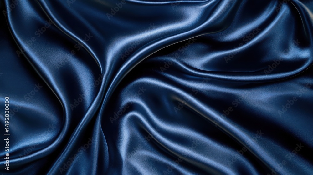 Fototapeta premium Elegant Navy Blue Satin Fabric Draping in Soft Folds, Close-Up Texture, Luxurious Background, Studio Shot, Smooth and Shiny
