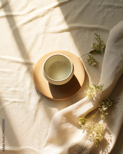 Ceramic tea cup placed flat with green tea