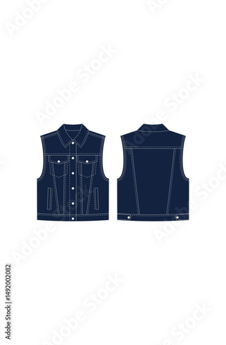 Dark Blue Denim Vest Technical Fashion Flat Vector Illustration - Front and Back Blank Mockup