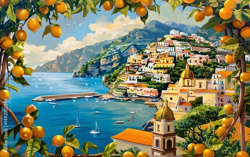 Picturesque Amalfi Coast Landscape with Lemons, Buildings, Sea, Mountains and Sky