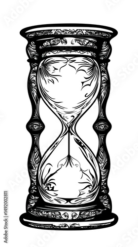 Intricate black and white ornamental hourglass with detailed floral and abstract patterns vintage time measurement symbol vector illustration