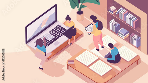 Isometric Students Studying Online at Home with Laptop Smartphone Books Reading and Writing Flat Minimalist Vector Illustration