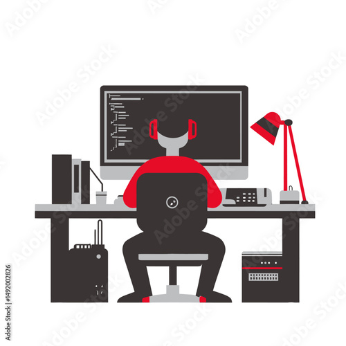 Young programmer coding software on desktop computer with headphones sitting at office desk with lamp and hardware devices in flat minimalist vector style