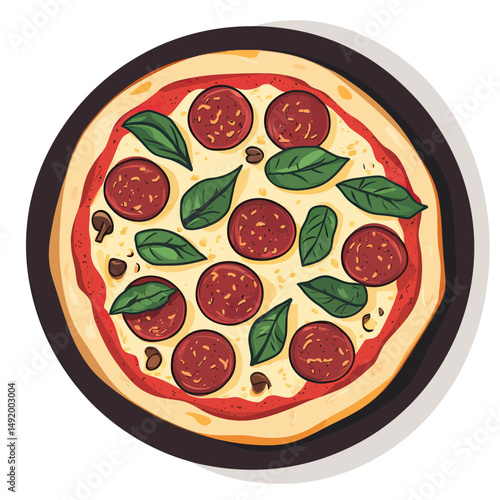Top view classic pepperoni pizza with fresh basil leaves and mushrooms on thin crust flat minimalist vector illustration for food concept design