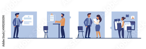 Business people hiring process recruiting candidates reviewing resumes interviewing job applicants in office environment flat vector