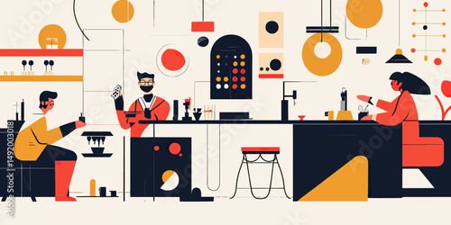 Flat minimalist vector illustration of diverse scientists and researchers conducting experiments and analyzing data in modern laboratory with equipment and charts on walls
