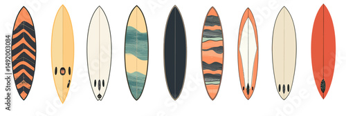 Set of nine colorful surfboards with various patterns and shapes flat minimalist vector illustration on white background for summer sports and beach lifestyle design