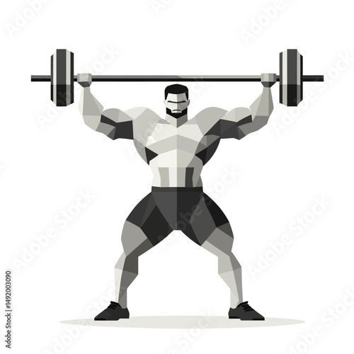 Strong muscular weightlifter lifting heavy barbell overhead in geometric poly style flat vector illustration with gray tones and sneakers on white background