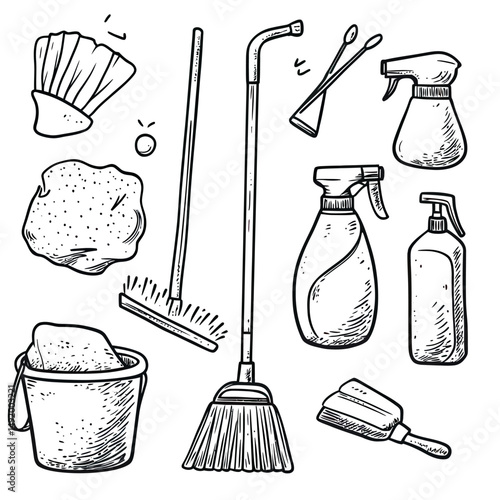Hand drawn black and white cleaning tools set including broom mop bucket spray bottles sponge scrubber dustpan and cotton swabs isolated on white background vector illustration