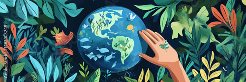 Earth globe surrounded by colorful tropical leaves birds hand with butterfly ecosystem biodiversity nature conservation environmental protection vector illustration