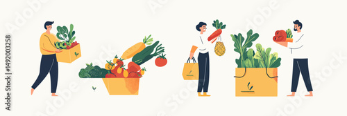 Young people buying and carrying fresh organic vegetables and fruits from market and receiving local grocery vegetable box delivery in minimalist flat vector style