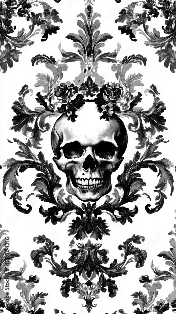 Fototapeta premium Skull with Floral Baroque Ornament in Black and White Illustration Pattern Gothic Still Life Close Up